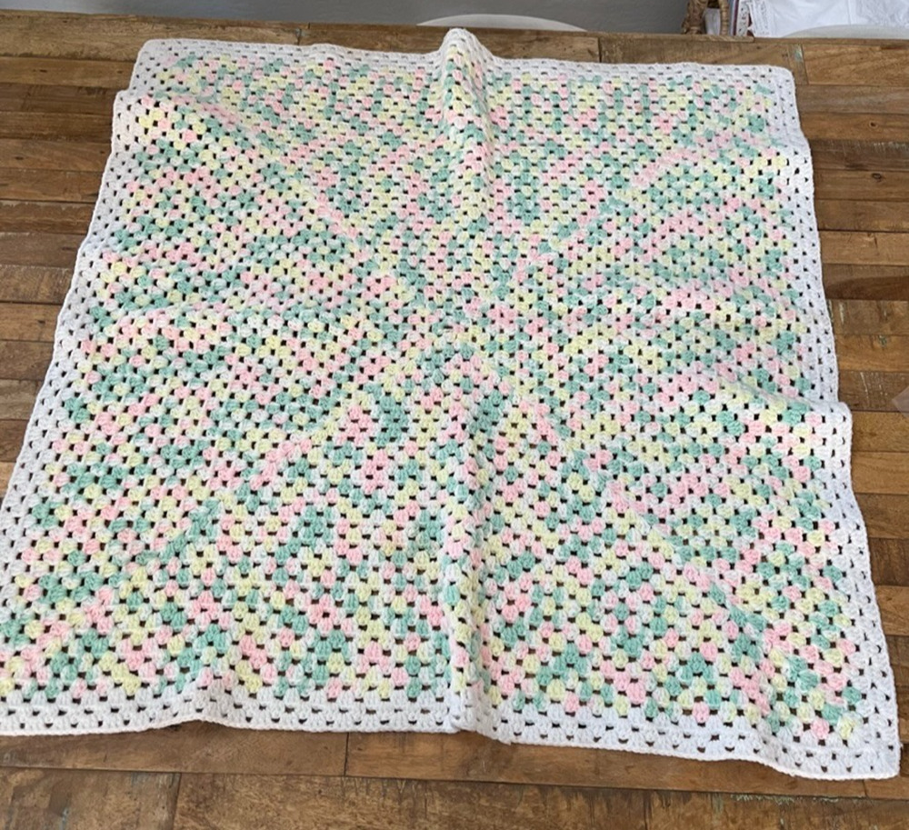 Handmade Crochet Baby Blanket 34" x 34" Pastel Pink Green Yellow